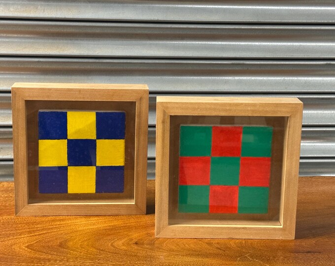 Pair Of Contemporary Framed & Glazed Chequered Abstract Oil Paintings 1996