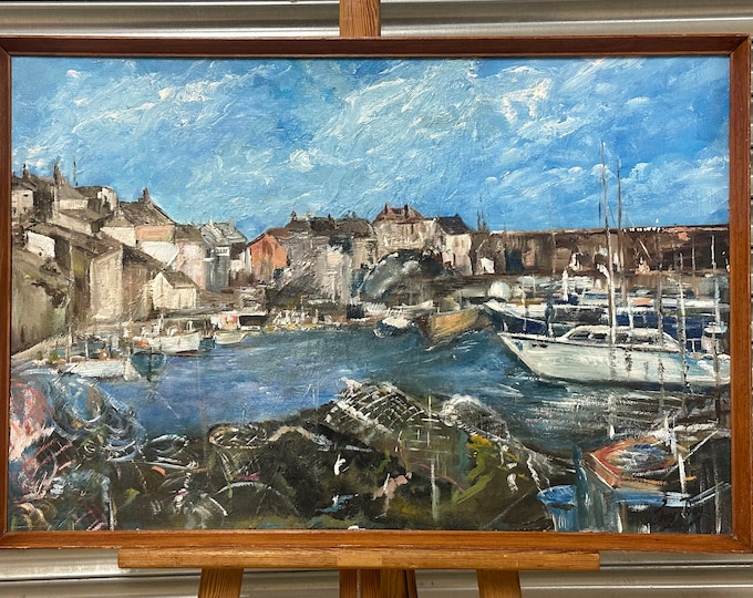 Vintage Circa 1960’s Oil Painting Of Mevagissey Harbour By Joy Day