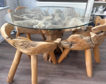 Unique & Beautiful Rustic Root Dining Glass Topped Table and Four Chair Set