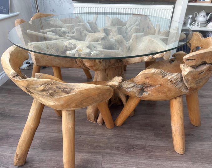 Unique & Beautiful Rustic Root Dining Glass Topped Table and Four Chair Set