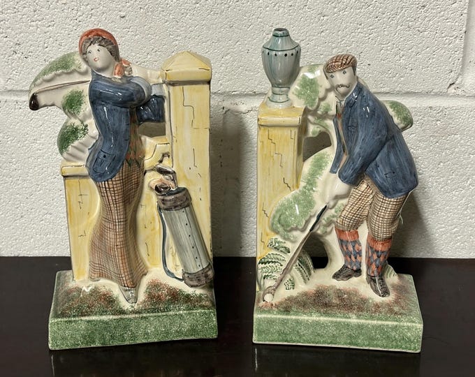 Superb Pair Of English Rye Pottery Golf Figurine Bookends - Perfect Golf Gift