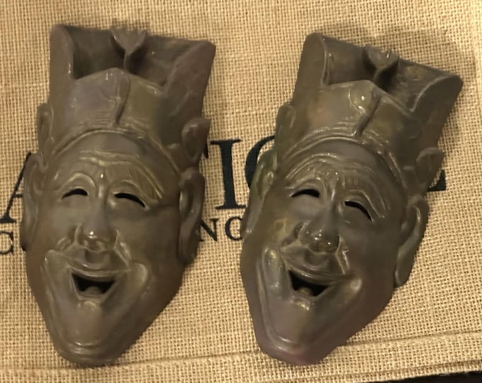 Pair Of Rare Antique c1900 Bronze Japanais Mask Plaque
