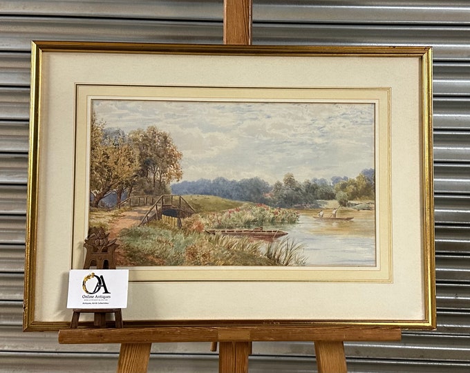 Original 19th Century Oil Painting View On The Thames By John Heaton Dated 1883