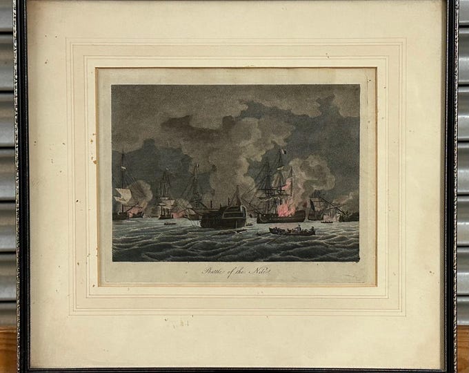 Antique Hand Coloured Engraving – “Battle of the Nile” Naval Scene, c.19th Century