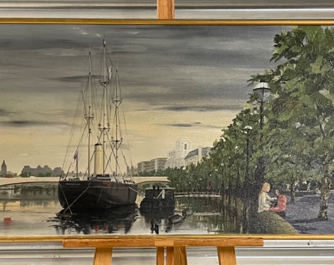 Original 1970’s Oil Painting on Board of the Discovery at Victoria Embankment, London by Roy Kraty, OBE