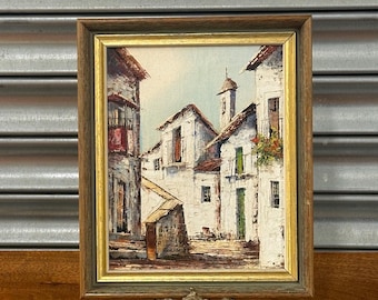Vintage Mediterranean Street Scene Oil Painting on Board – Framed – Spanish/Italian Village