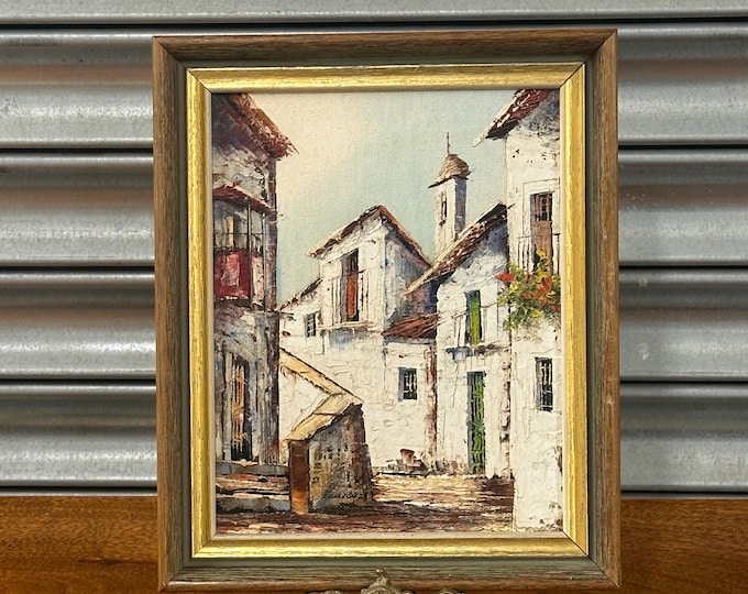 Vintage Mediterranean Street Scene Oil Painting on Board – Framed – Spanish/Italian Village