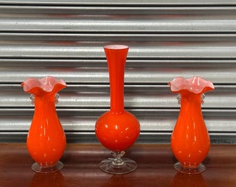 Vintage Swedish Art Glass Vase Set – 3 Pieces – Orange Cased Glass – Mid Century Scandinavian
