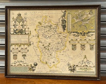 Vintage Framed Hand Coloured Bedfordshire Map, After John Speed, Decorative 17thC Style Reproduction