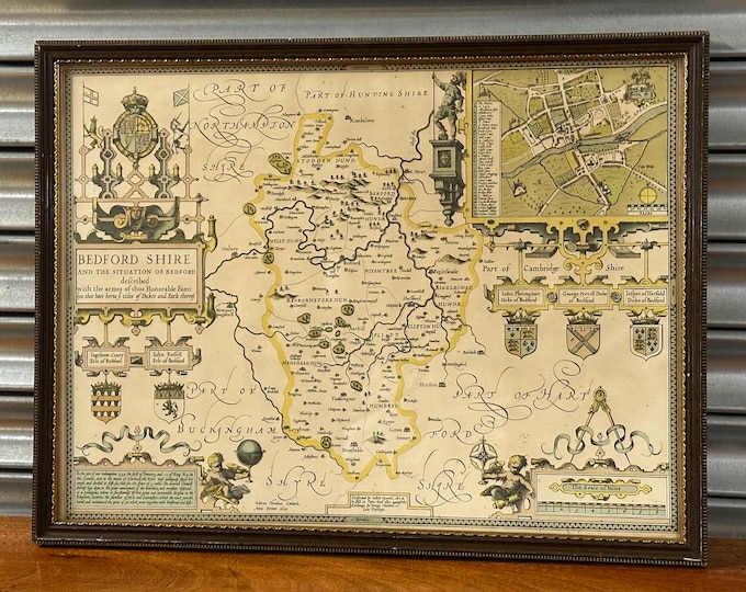 Vintage Framed Hand Coloured Bedfordshire Map, After John Speed, Decorative 17thC Style Reproduction