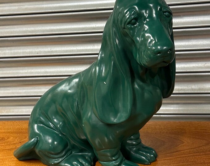 Lovely Large Vintage Mid Century Green Plaster Bassett Hound Figure