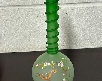 Beautiful Antique Vintage Bohemian Hand Blown Applied Swirl Hand Painted Green Frosted Glass Vase