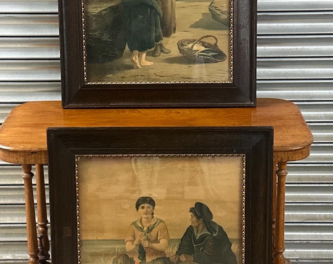 Pair of Antique Stipple Prints – Rustic Fishing Maritime Genre Scenes – Framed Victorian - Looks to be signed Drummond 1881 lower left
