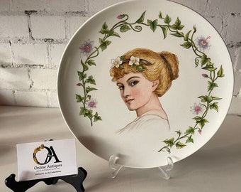 Beautiful Art Nouveau Vintage TT & Co  Hand Painted Ceramic Plate Depicting A Ladies Portrait With Flowers in her Hair and Floral Decoration