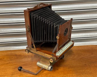 Antique Wooden & Brass Half Plate Field Camera with Original Lens