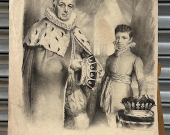 Antique 1822 Lithograph – Earl of Northesk & Son in Coronation Robes