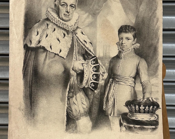 Antique 1822 Lithograph – Earl of Northesk & Son in Coronation Robes