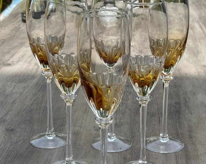 Set of 6 Vintage Hand Blown Clear & Amber Glasses, Elegant Long Stem Flutes