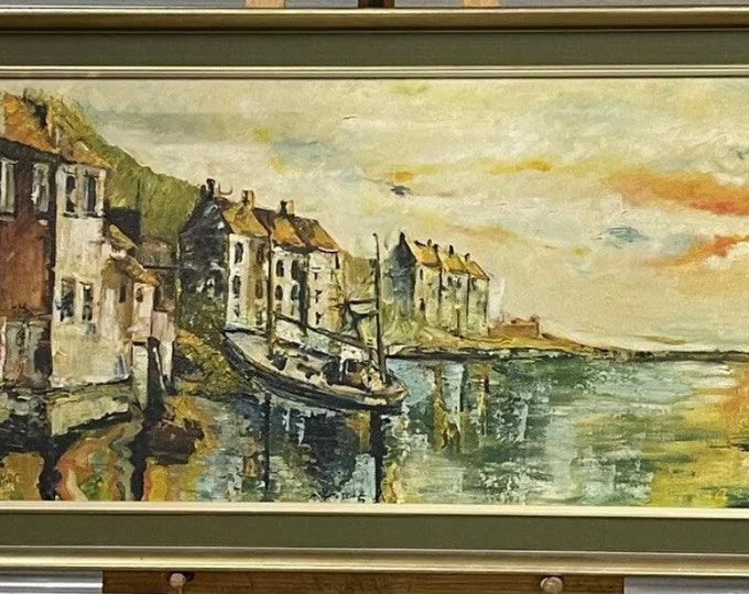 Wonderful Large Oil Painting on Canvas of a Harbour Scene with a Boat at the Dockside by Alex Prowse