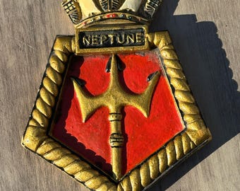 Vintage Decorative Chalkware Plaque Featuring HMS Neptune Royal Navy Ships Badge