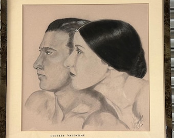 Original Vintage Charcoal / Pastel Sketch Rudolph Valentino & Natacha Rambova