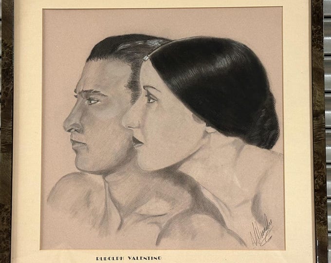 Original Vintage Charcoal / Pastel Sketch Rudolph Valentino & Natacha Rambova