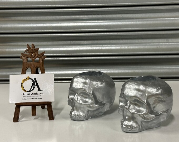 Pair of Beautiful Art Glass Kosta Boda Still Life Silver Coloured Skull Candleholders