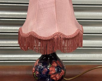 Beautiful Vintage Moorcroft Anemone Pottery Table Lamp with Pink Fringed Shade