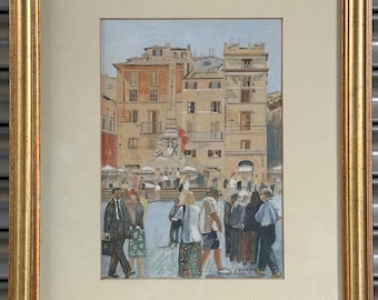 Puede incluir: Una pintura de acuarela de una animada plaza de la ciudad en Italia. La pintura representa una fuente con una estatua en el centro, rodeada de gente. Los edificios en el fondo están pintados en tonos cálidos de amarillo, naranja y rojo.