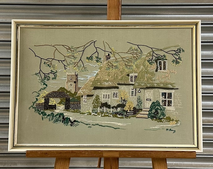 Beautiful Circa 1960’s Framed & Glazed Needlework Embroidery Artwork Of Thatched Cottages and Church Village Scene By M Long