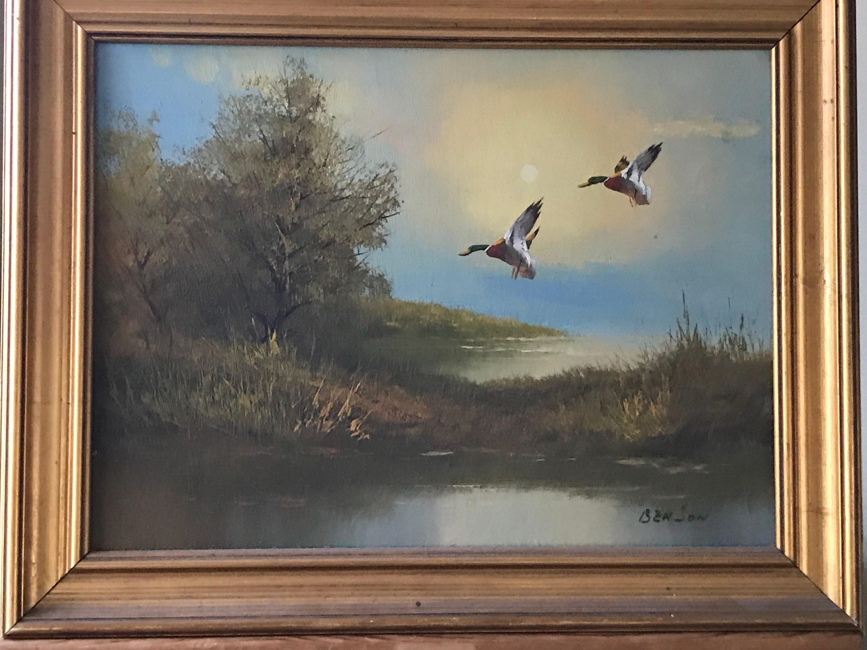 Nice Vintage Gilt Framed Oil Painting On Canvas Of Ducks Coming Into