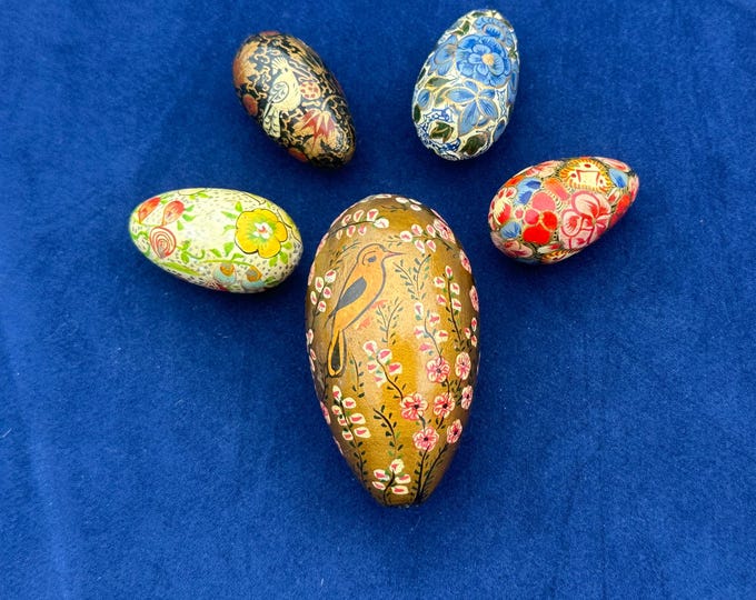 Five Vintage Wooden Eggs Hand Painted Over Glazed Floral Birds Colour Decoration