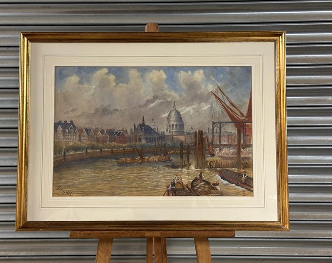 Antique Watercolour, Depicting Barges On The Thames with St Paul’s in the distance Signed L Boyd