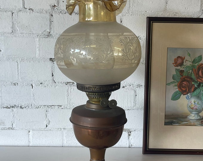 Stunning Victorian Copper Oil Lamp with Beautiful Unusual Etched Glass Shade