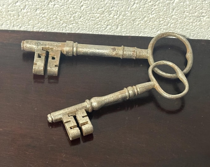Two Lovely Large Antique Wire Box Iron Keys