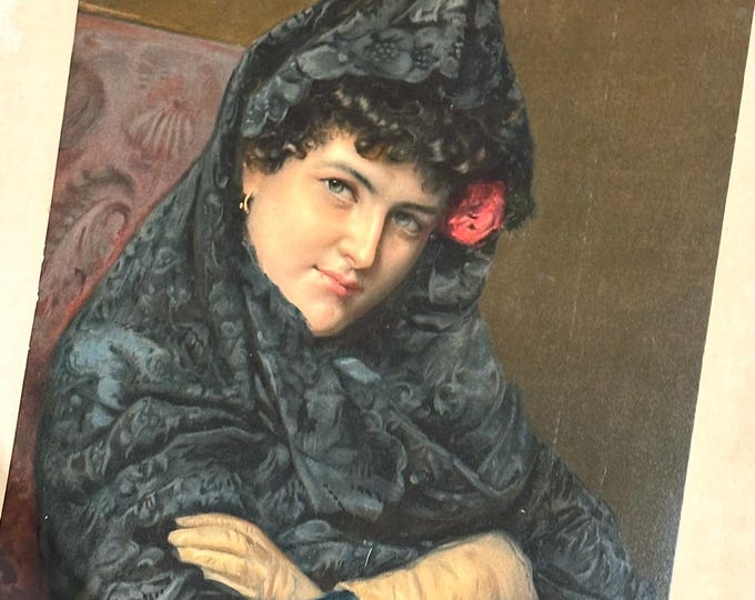Rare Large Antique 19th Century Aquatint Artwork Of A Spanish Lady