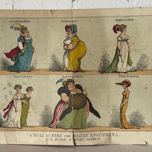 Stara karta menu z Bailey Dublin, reprodukcja rycin Thomasa Rowlandsona z lat 1757–1827 według artysty Woodwarda
