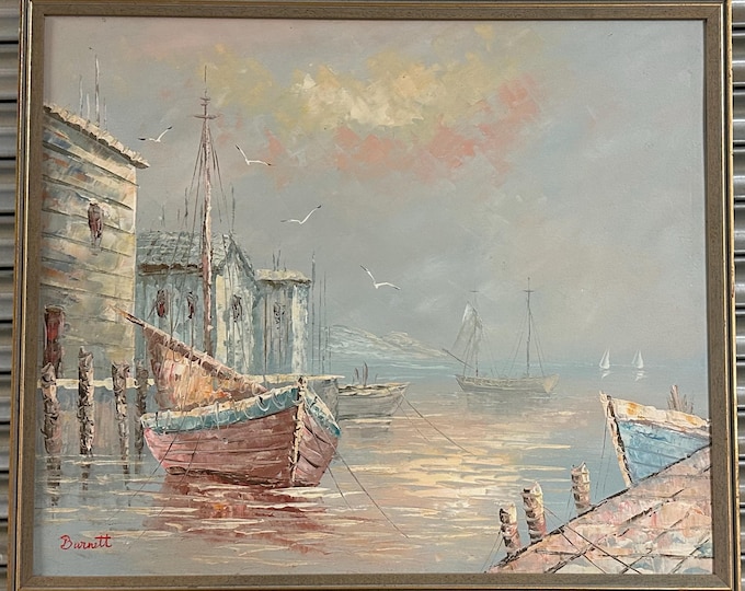 Beautiful Original Oil Painting Study Of A Seascape / Harbour Scene By The Artist Burnett Lower Right