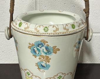 Victorian Late 19th Century Watts F W and Co Ceramic Slop Bucket Decorative Flowers & Bamboo Handle
