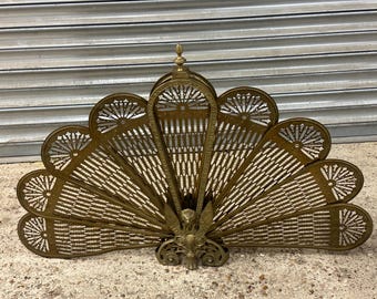Vintage 1920s Decorative Brass Peacock Fireplace Screen / Fire Guard