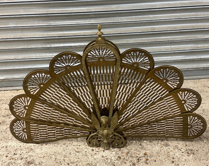 Vintage 1920s Decorative Brass Peacock Fireplace Screen / Fire Guard