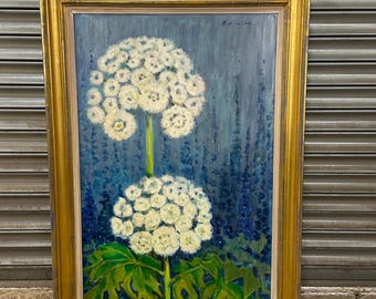 Britta de la Cour Oil on Canvas – Still Life of White Allium Flowers – Signed – Framed