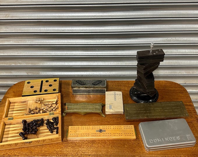 Collection of Vintage Games and Game Related Items, Chess, Dominoes, Cribbage
