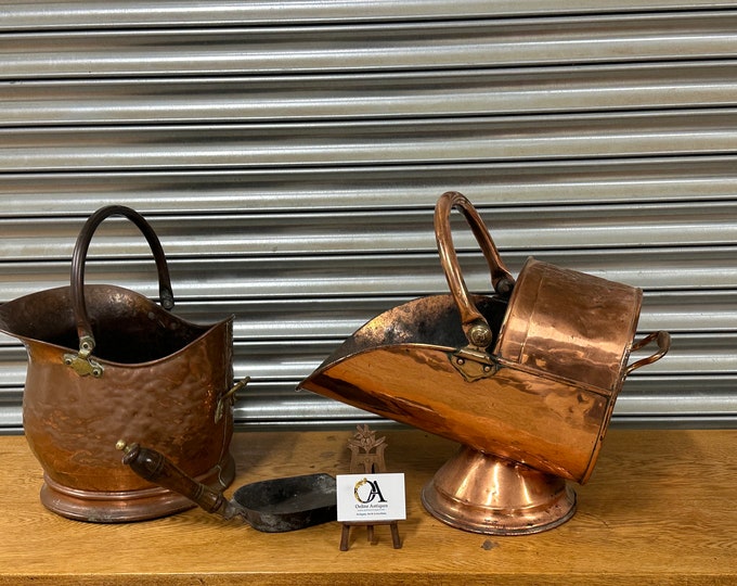 Two Gorgeous Antique 19thC Copper Coal Scuttles With A Coal Scuttle Shovel