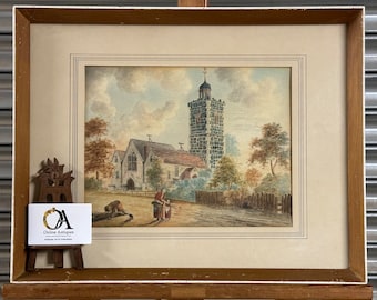 Original Antique 1819 Watercolour Of Mitcham Parish Church, Surrey By R Nixon