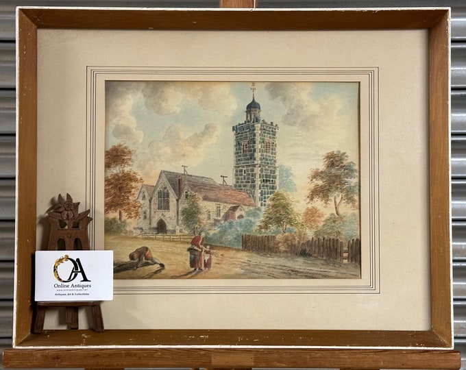 Original Antique 1819 Watercolour Of Mitcham Parish Church, Surrey By R Nixon