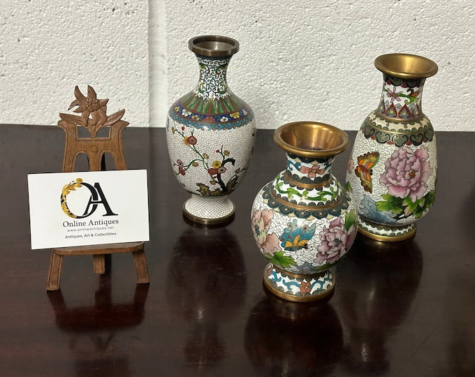 Three Beautiful Vintage Chinese Cloisonné Porcelain Vases