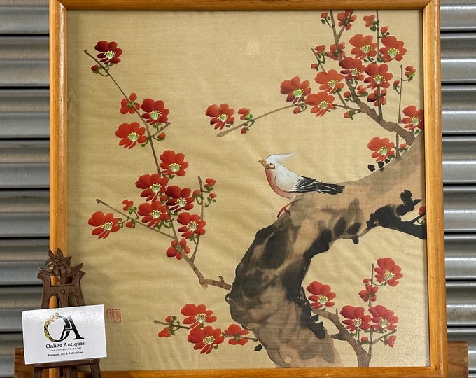 Vintage Framed Japanese Painting On Silk Study Of A Bird On Blossom Branch