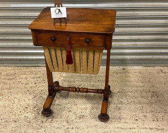 Stunning 19th Victorian Work Table With Basket On Brass Castors