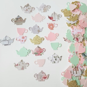 Tea Party Confetti- Pink and Green Shabby Chic- Set of 135 - Teapot, tea cup, Party Decor, Table Confetti, Bridal Shower